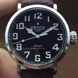 Replica Zenith Pilot Extra Special SS/LE Black Dial on Brown Leather Strap